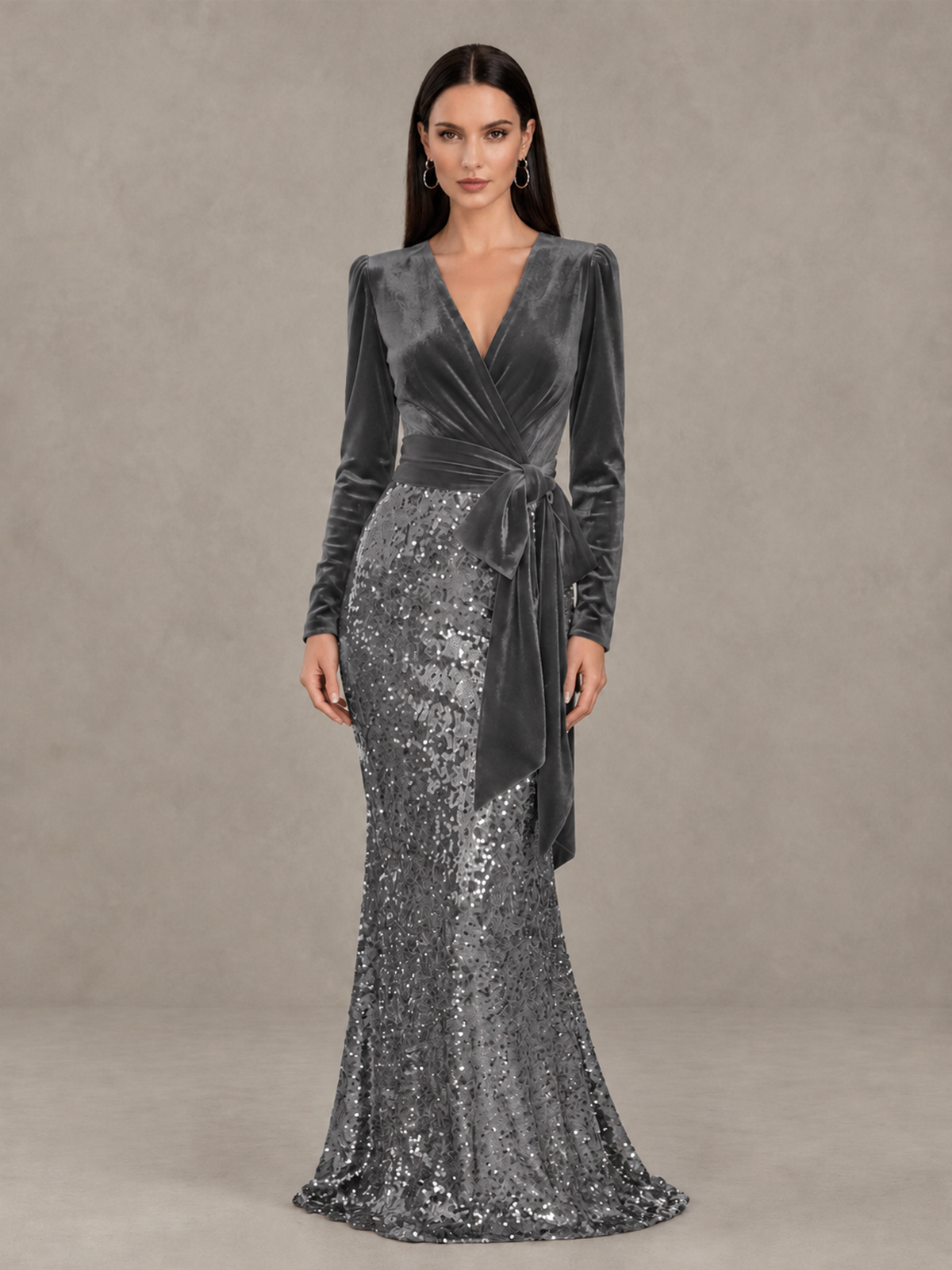 BOLODOO Grey Velvet & Sequin Long Sleeve V-Neck Mermaid Evening Gown - Grey - Grey_1