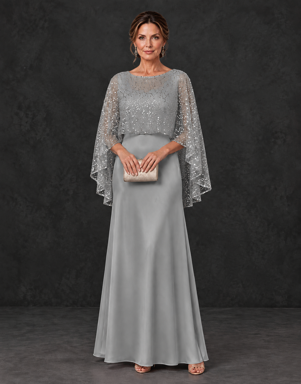 BOLODOO Grey Sparkle Cape Sleeve Mother of the Bride Dress - Grey - Grey_1