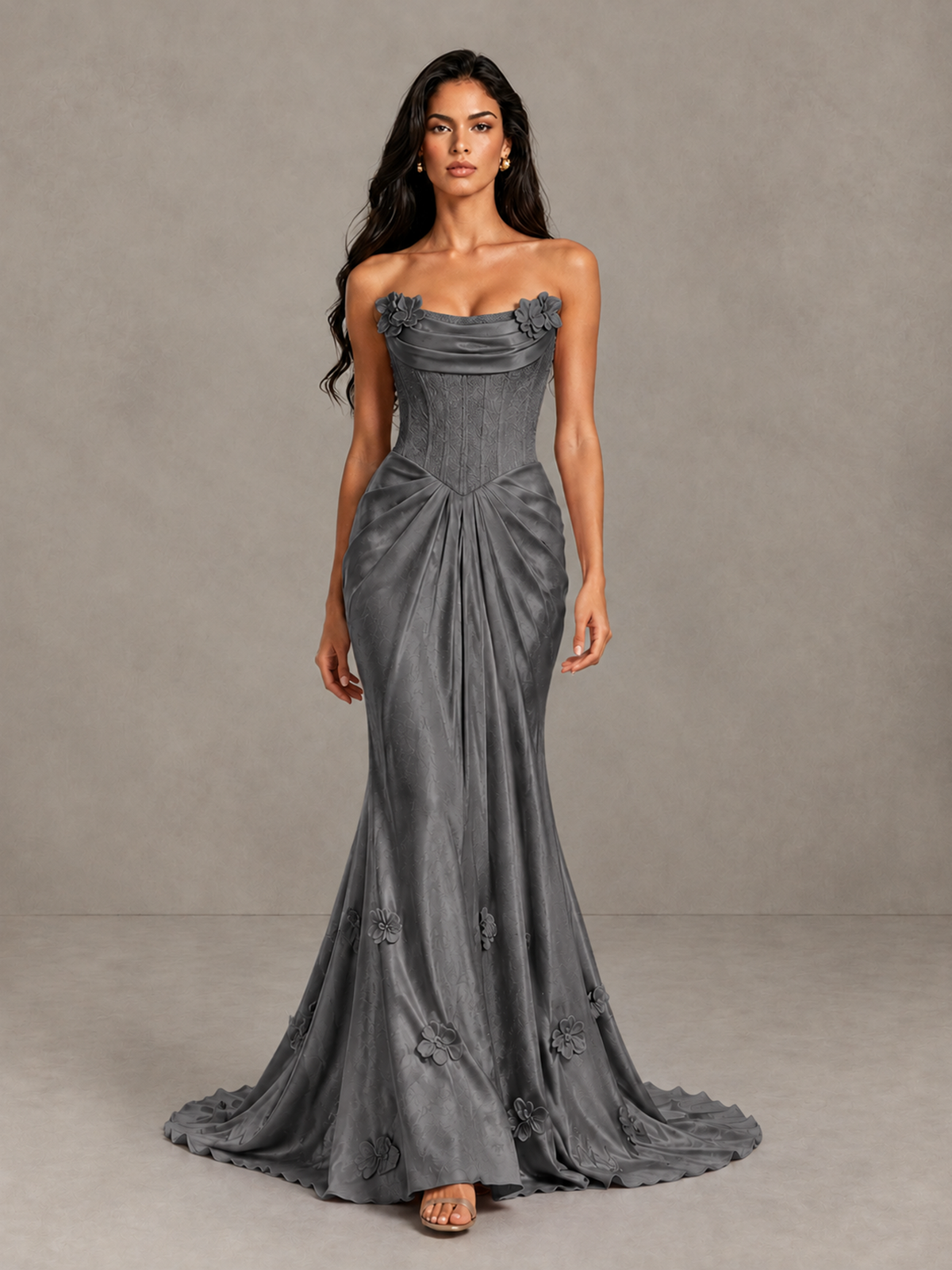 BOLODOO Grey Strapless Floral Corset Evening Gown with Train - Grey - Grey_1