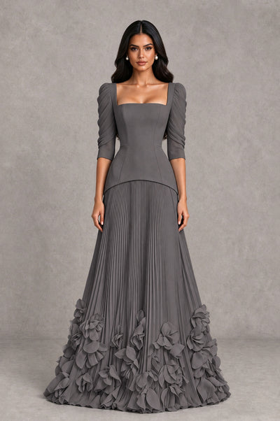 BOLODOO Grey Square Neck Pleated Floral Applique Evening Dress - Grey - Grey_1