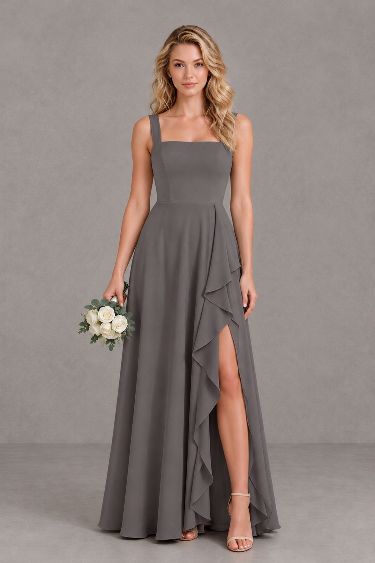 BOLODOO Grey Square Neck Ruffle A-Line Bridesmaid Dress with Slit - Grey - Grey_1