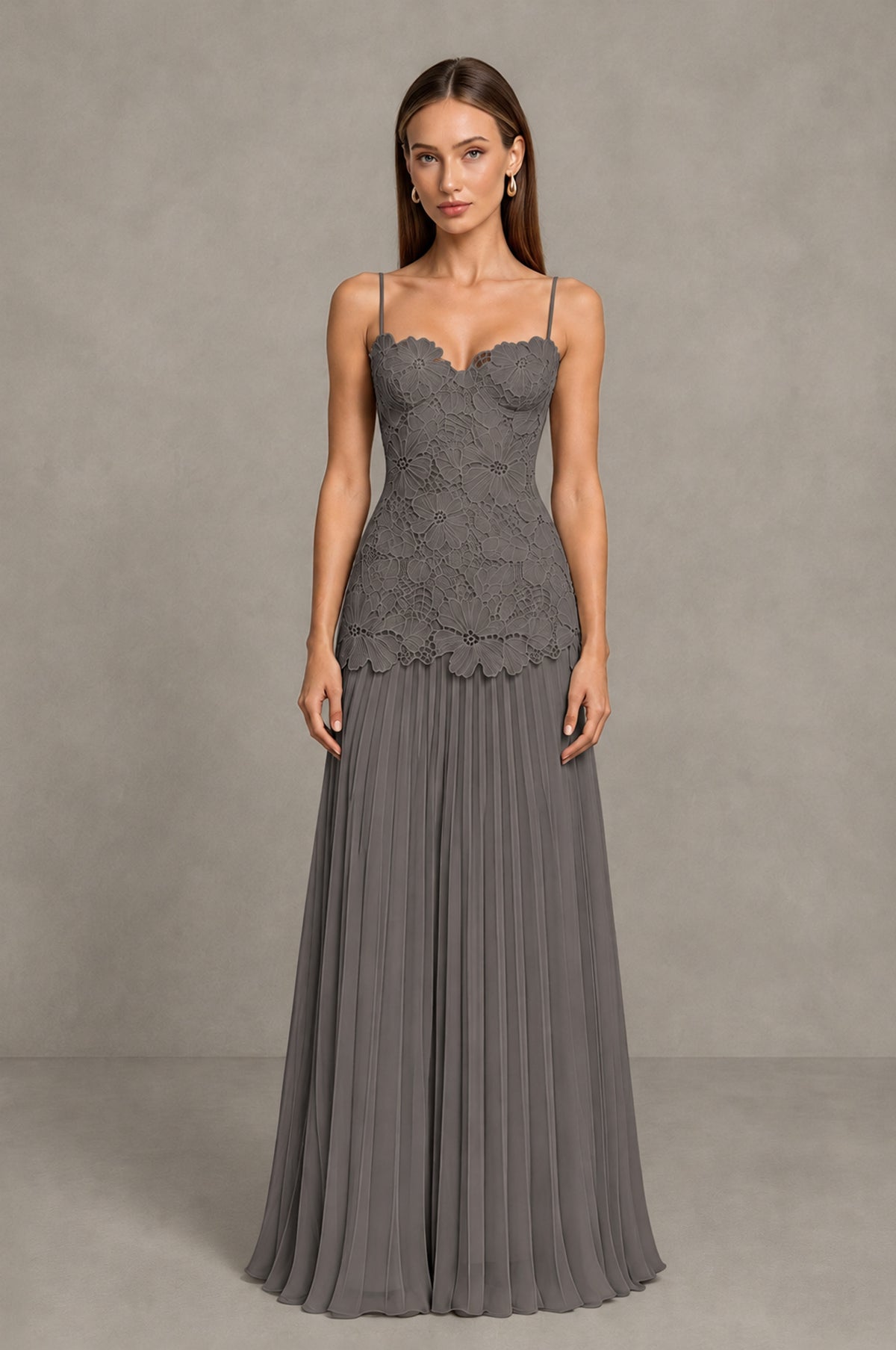 BOLODOO Grey Lace Bodice Pleated Wedding Guest Dress - Grey - Grey_1