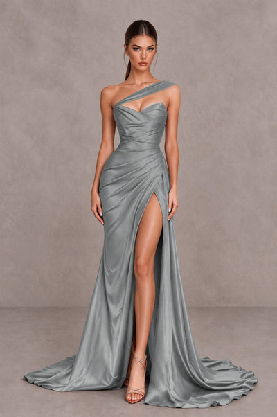 BOLODOO Grey One Shoulder Satin Mermaid Evening Dress with Ruched Slit Skirt - Grey - Grey_1