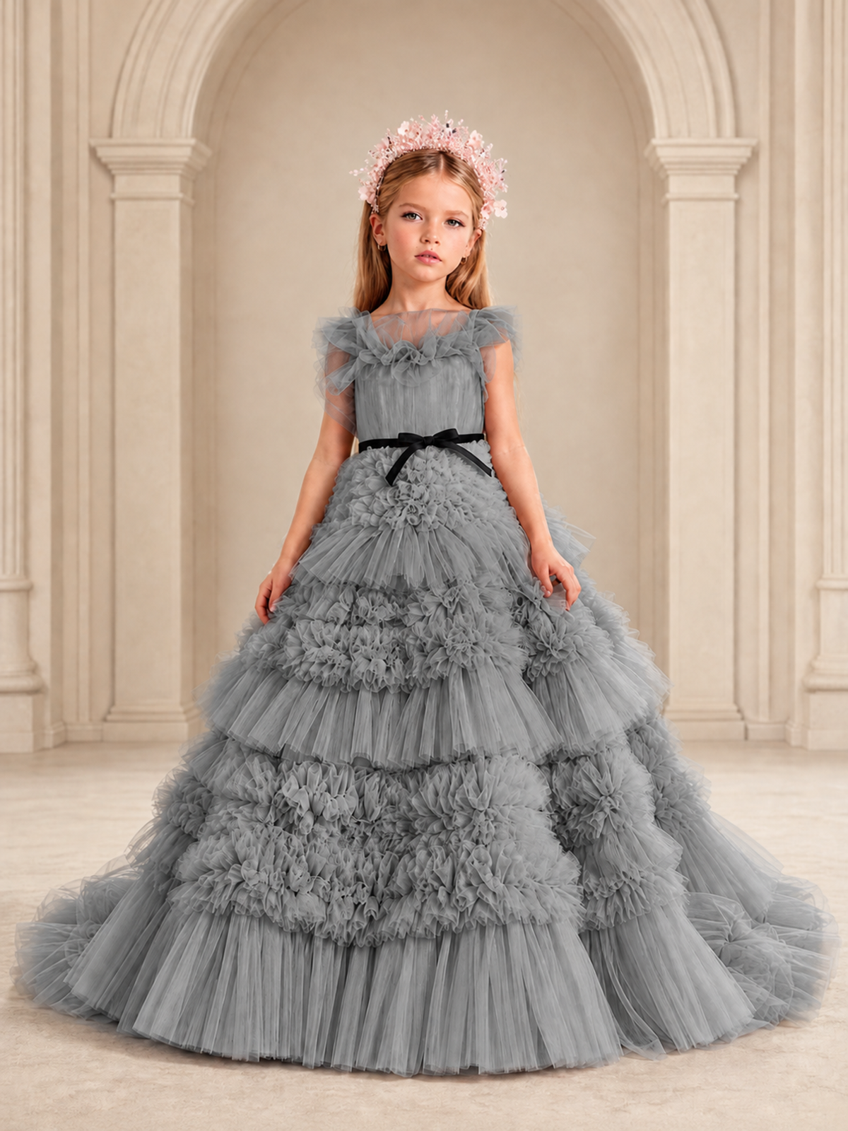 BOLODOO Grey Tiered Tulle Flower Girl Dress with Floral Appliques - Grey - Grey_1