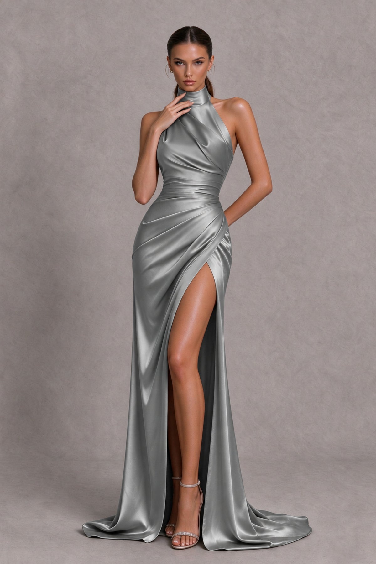 BOLODOO Grey Halter Satin-Look Evening Gown with High Slit - Grey - Grey_1