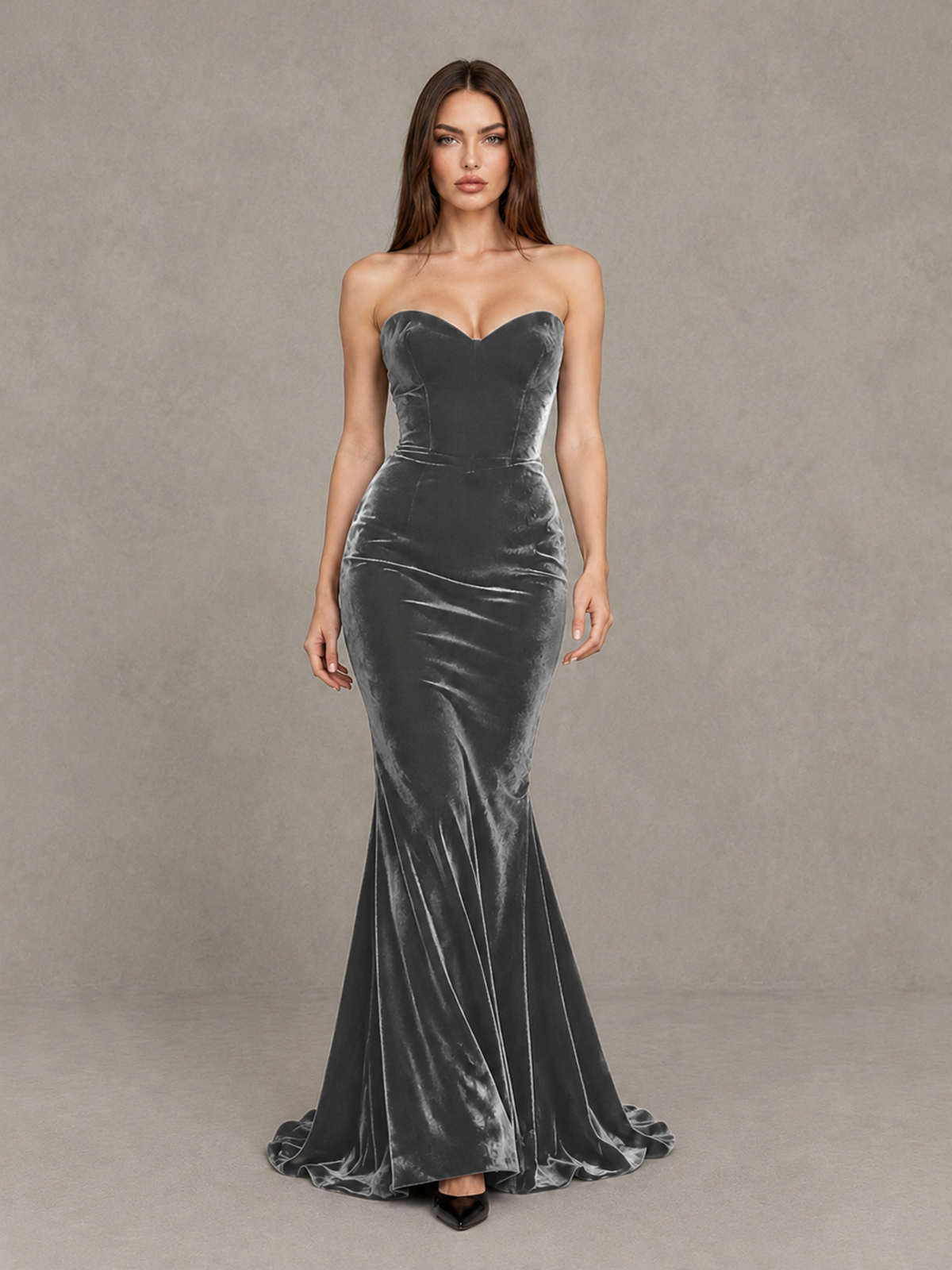 BOLODOO Grey Strapless Sweetheart Velvet-Look Mermaid Evening Dress - Grey - Grey_1
