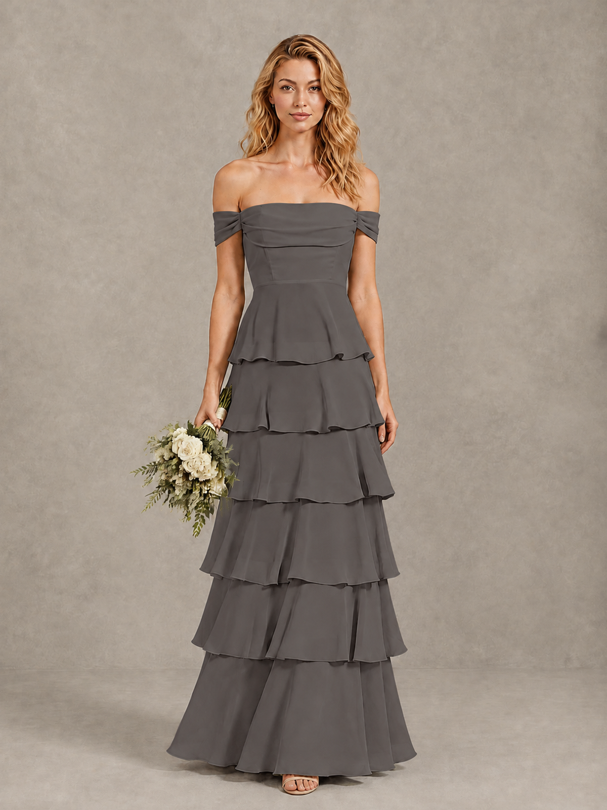 BOLODOO Grey Off-Shoulder Tiered Ruffle Bridesmaid Dress with Lace-Up Back - Grey - Grey_1