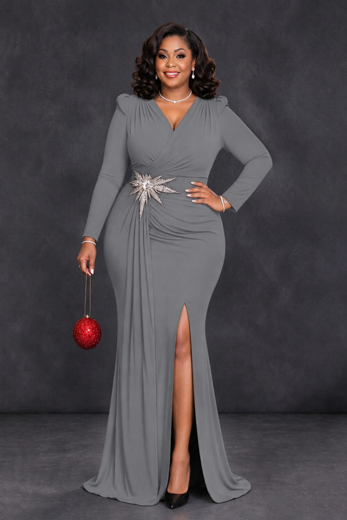 BOLODOO Grey Plus Size Long Sleeve V-Neck Mother of the Bride Dress with Slit - Grey - Grey_1