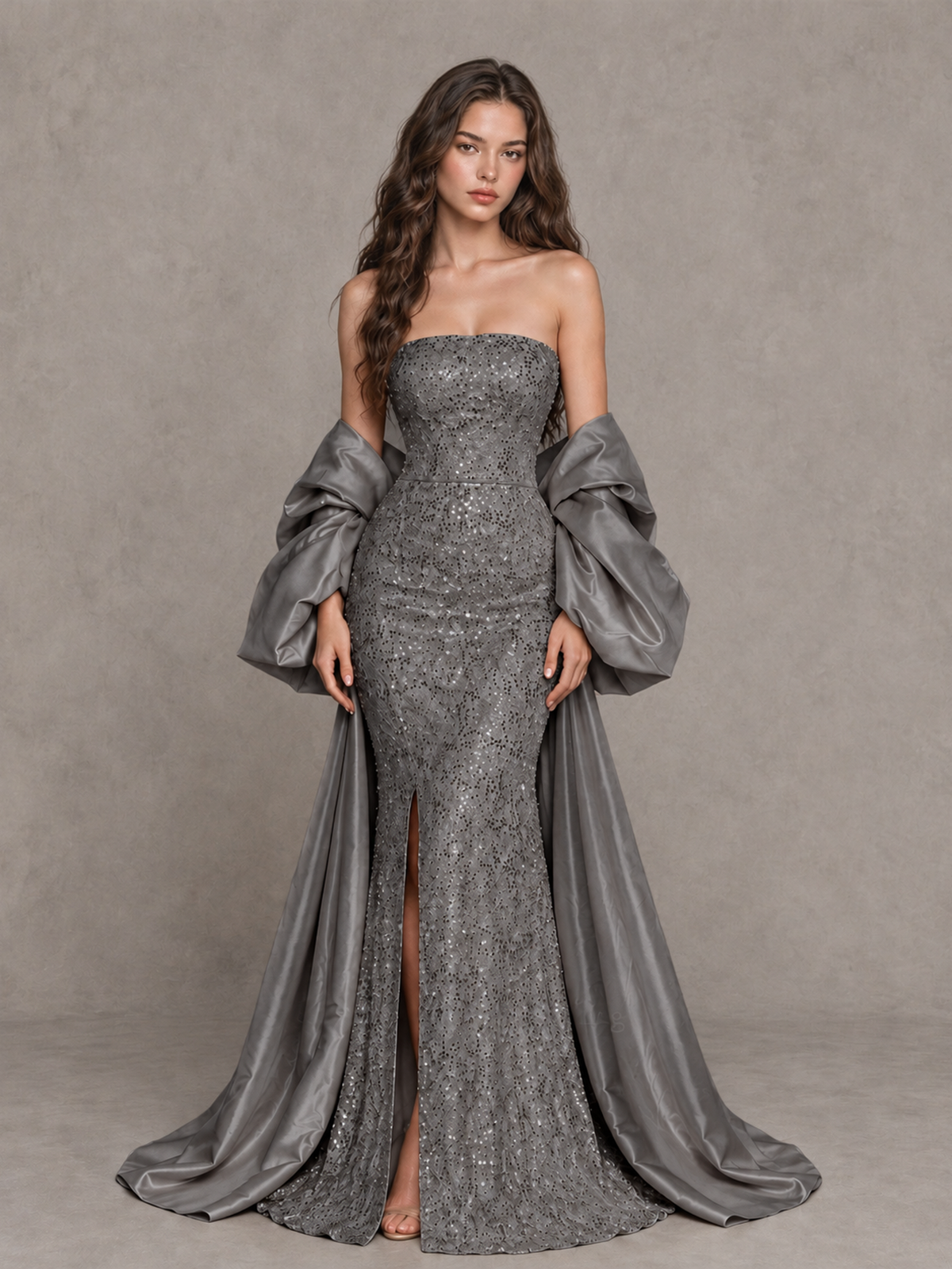 BOLODOO Grey Strapless Sparkle Mermaid Prom Dress with Front Slit and Draped Sleeves - Grey - Grey_1
