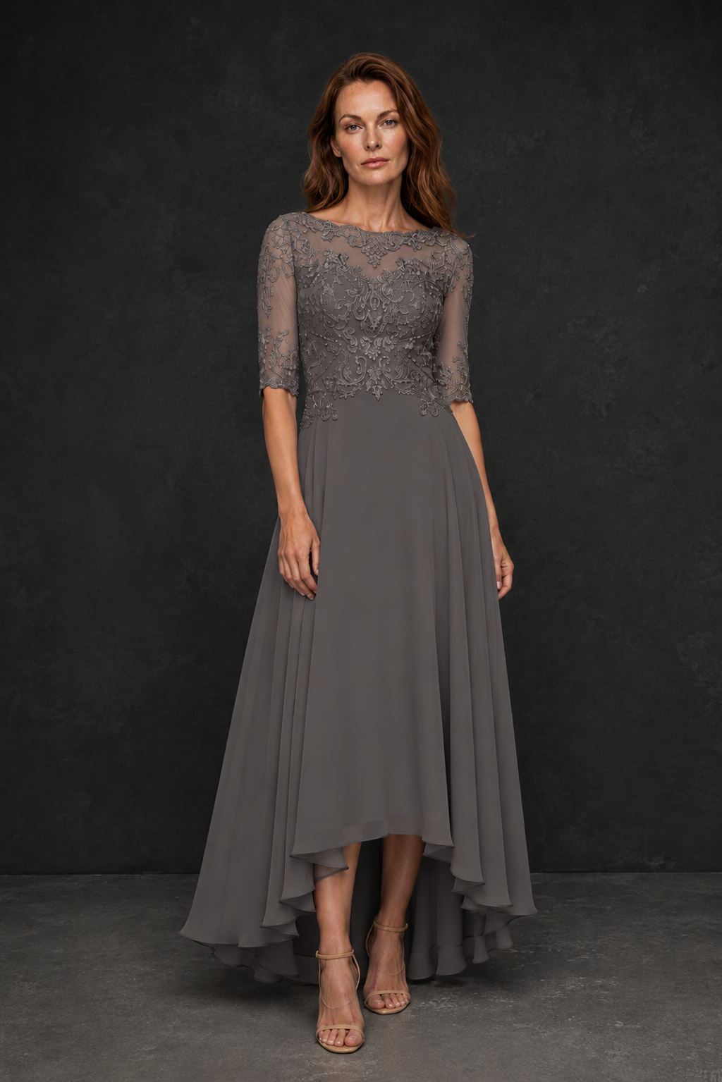 BOLODOO Grey Illusion Lace 3/4 Sleeve Hi-Lo Chiffon A-Line Dress | Mother of the Bride Tea Length Dress - Grey