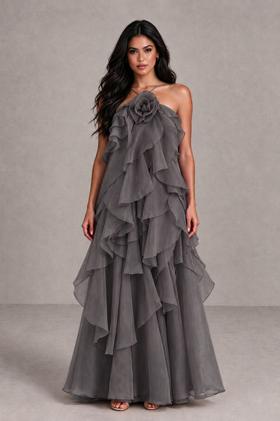 BOLODOO Grey Cascading Ruffle Rosette Open-Back Maxi Dress - Grey - Grey_1