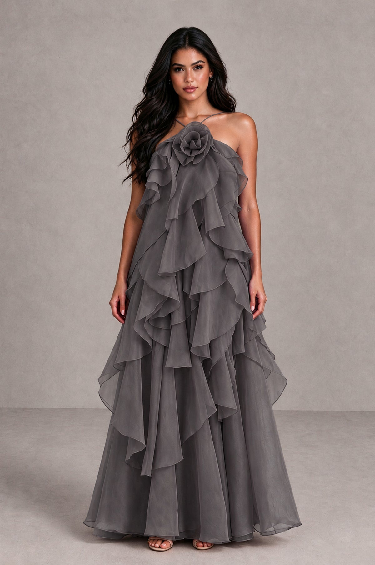 BOLODOO Grey Cascading Ruffle Rosette Open-Back Maxi Dress - Grey - Grey_1