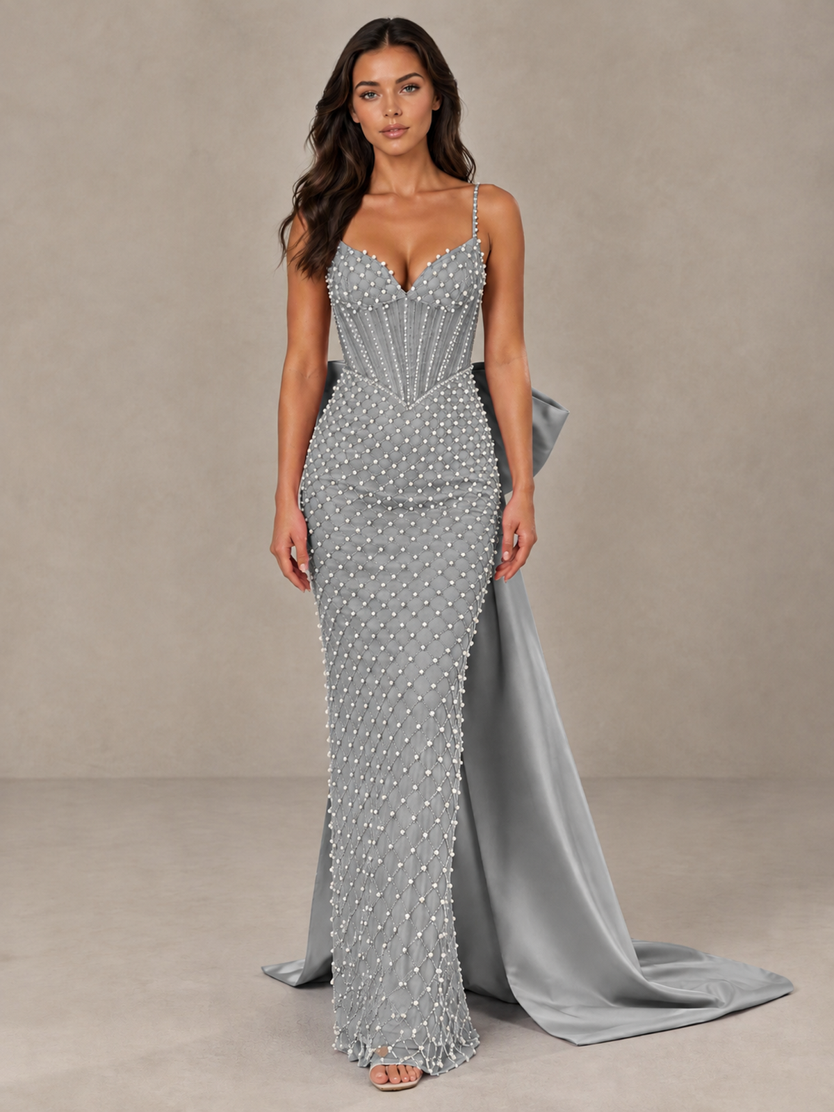 BOLODOO Grey Beaded Corset Prom Dress with Bow Train - Grey - Grey_1