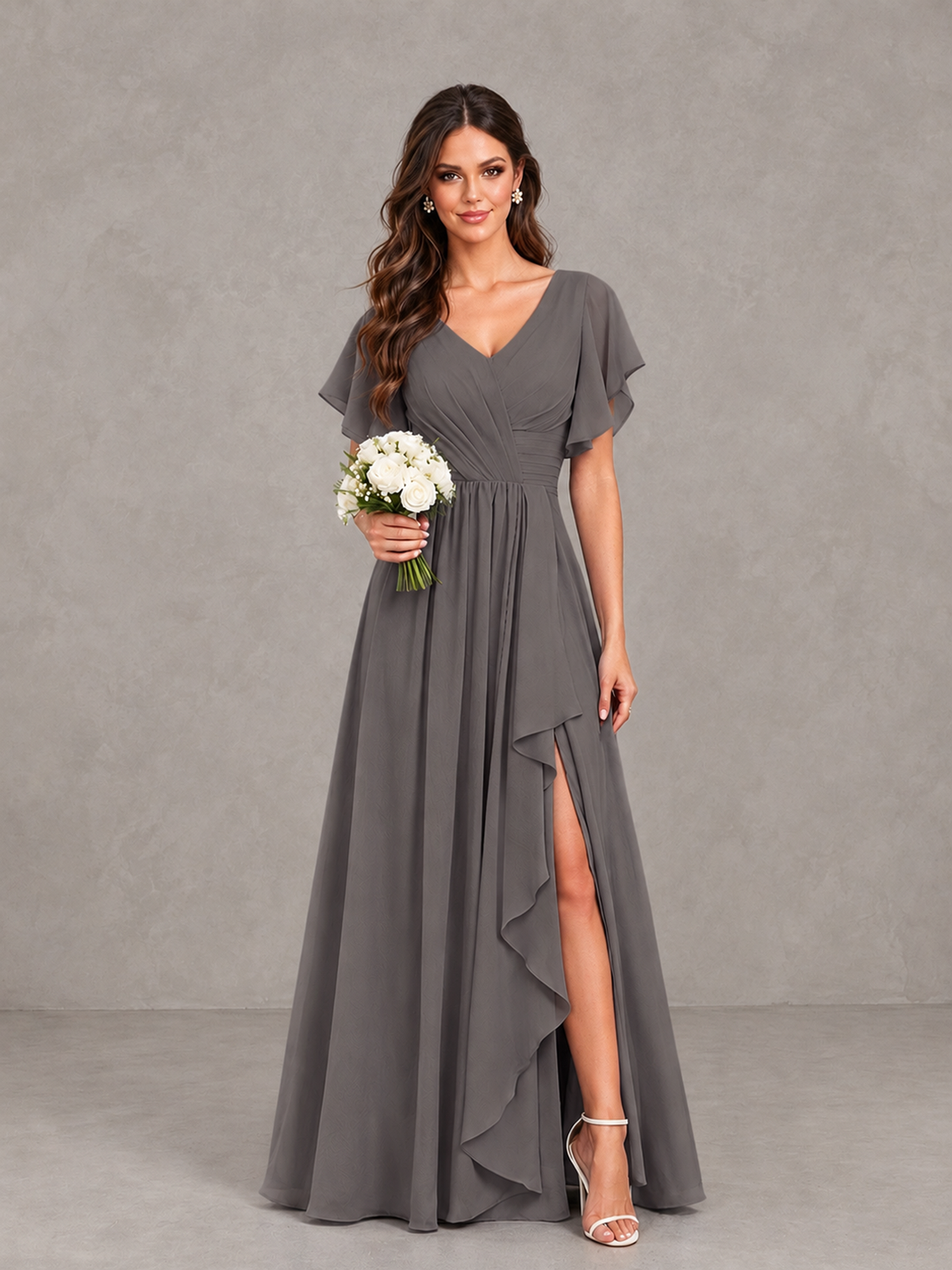 BOLODOO Grey Flutter Sleeve V-Neck Bridesmaid Dress with Ruffle Slit - Grey - Grey_1