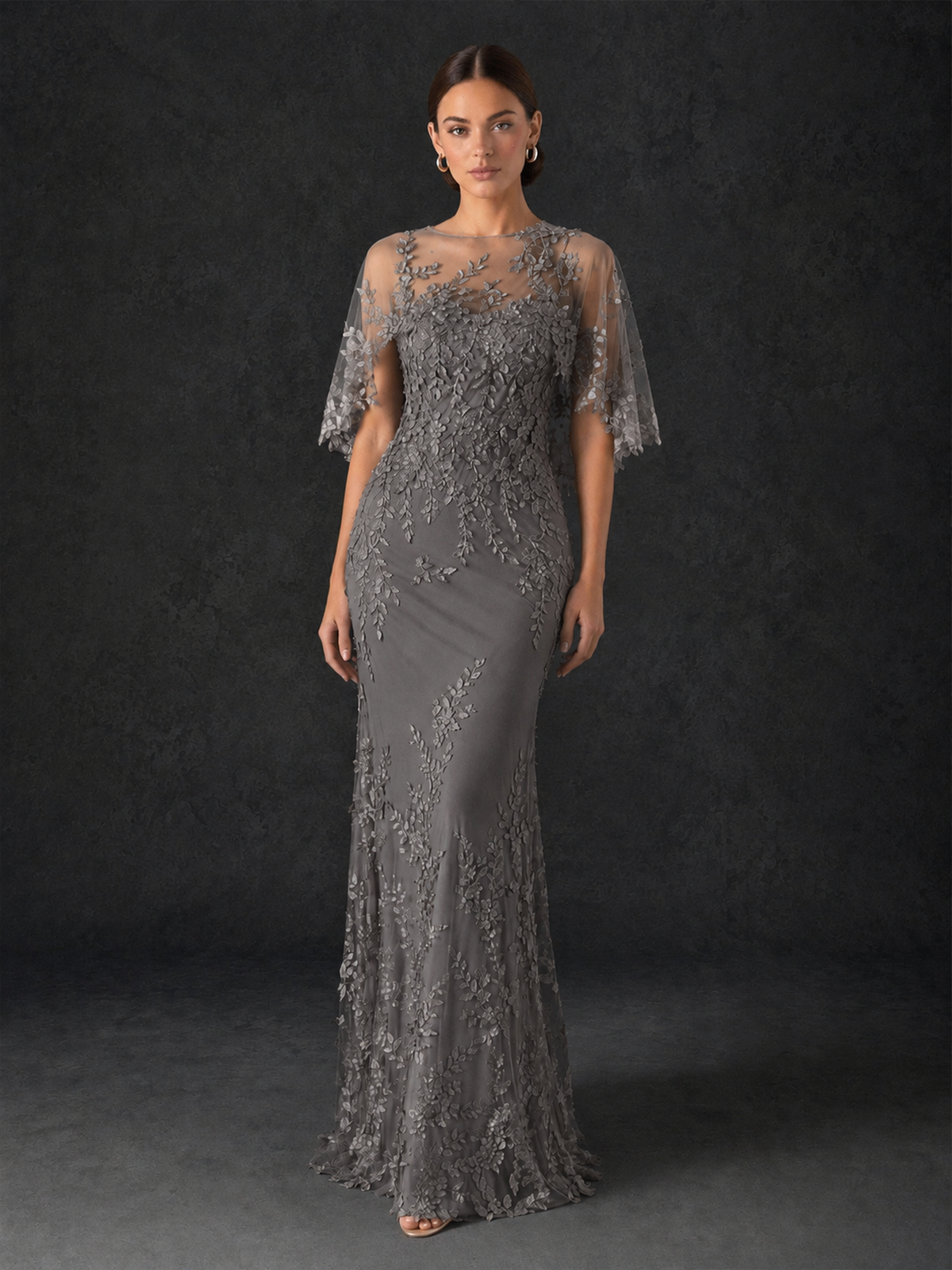BOLODOO Mocha Grey Botanical Lace Flutter Sleeve Mermaid Gown - Grey