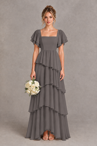BOLODOO Grey Square Neck Flutter Sleeve Tiered Chiffon Bridesmaid Dress with Lace-Up Back - Grey - Grey_1