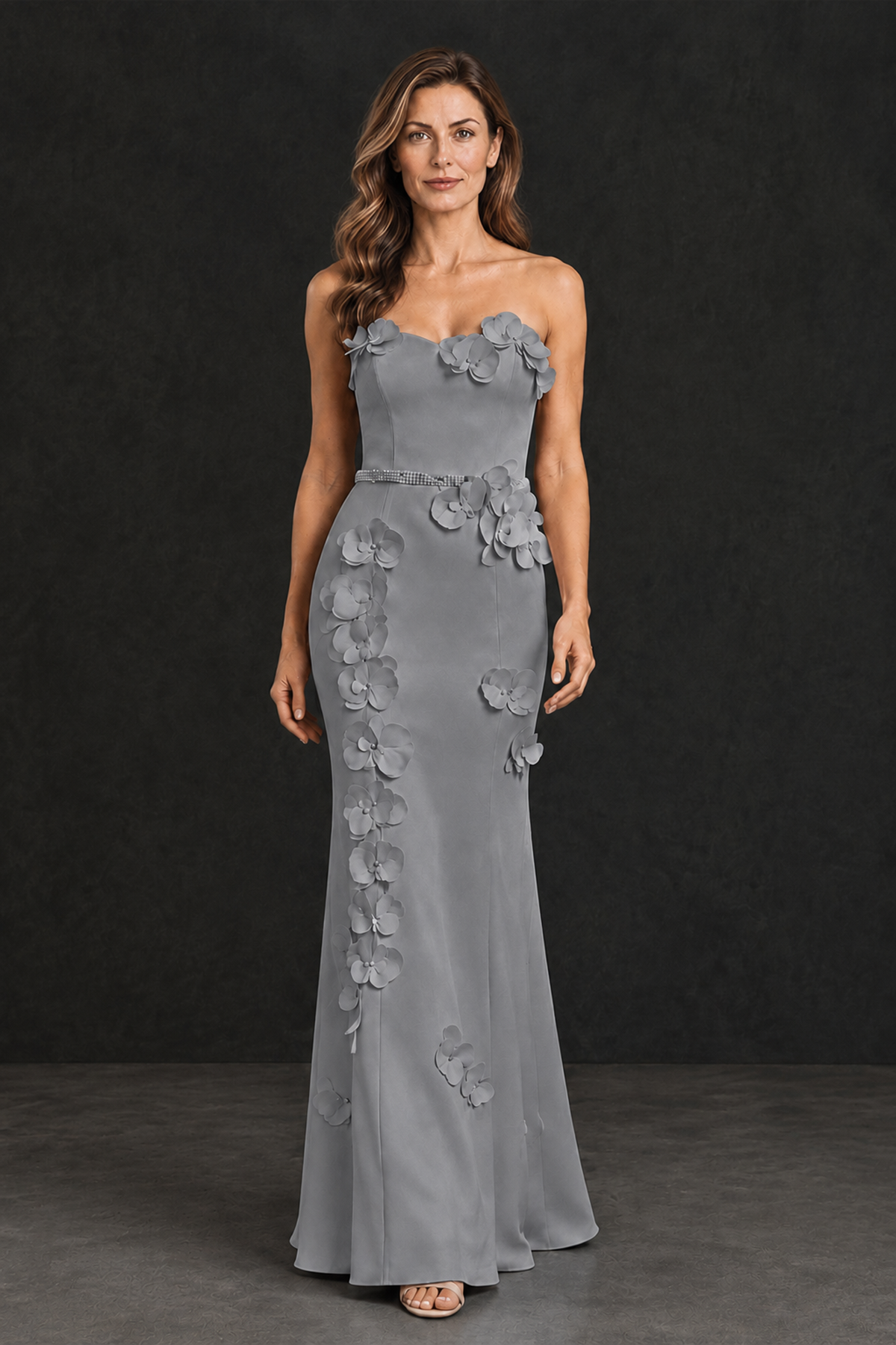 BOLODOO Grey Strapless Mother of the Bride Dress with 3D Floral Appliques - Grey - Grey_1