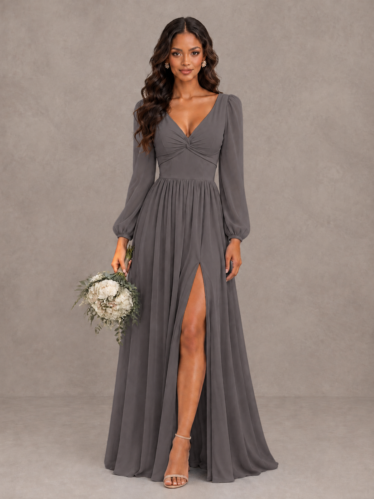 BOLODOO Grey V-Neck Long Sleeve Bridesmaid Dress with Tie Back and Slit - Grey - Grey_1