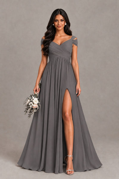 BOLODOO Grey Cold Shoulder Chiffon Evening Dress with V Neck and High Slit - Grey - Grey_1