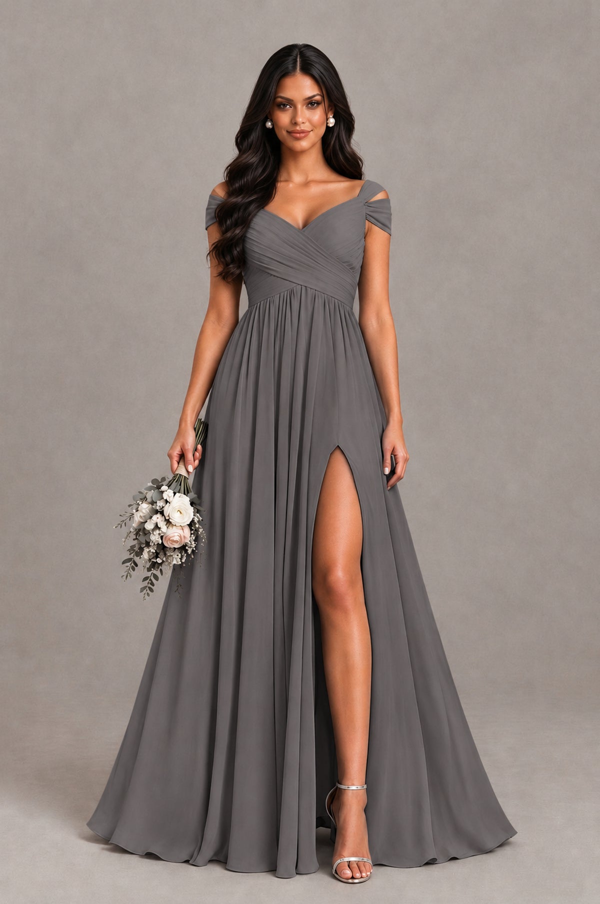 BOLODOO Grey Cold Shoulder Chiffon Evening Dress with V Neck and High Slit - Grey - Grey_1