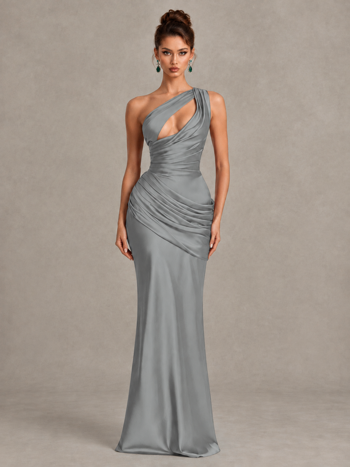 BOLODOO Grey One-Shoulder Cutout Satin Mermaid Prom Dress - Grey - Grey_1