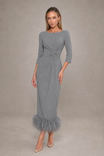 BOLODOO Grey Feather-Trim Twist-Waist Midi Dress - Grey - Grey_1