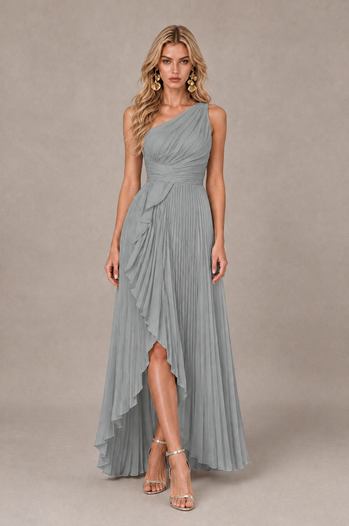 BOLODOO Grey One-Shoulder High-Low Ruffle Maxi Dress - Grey - Grey_1