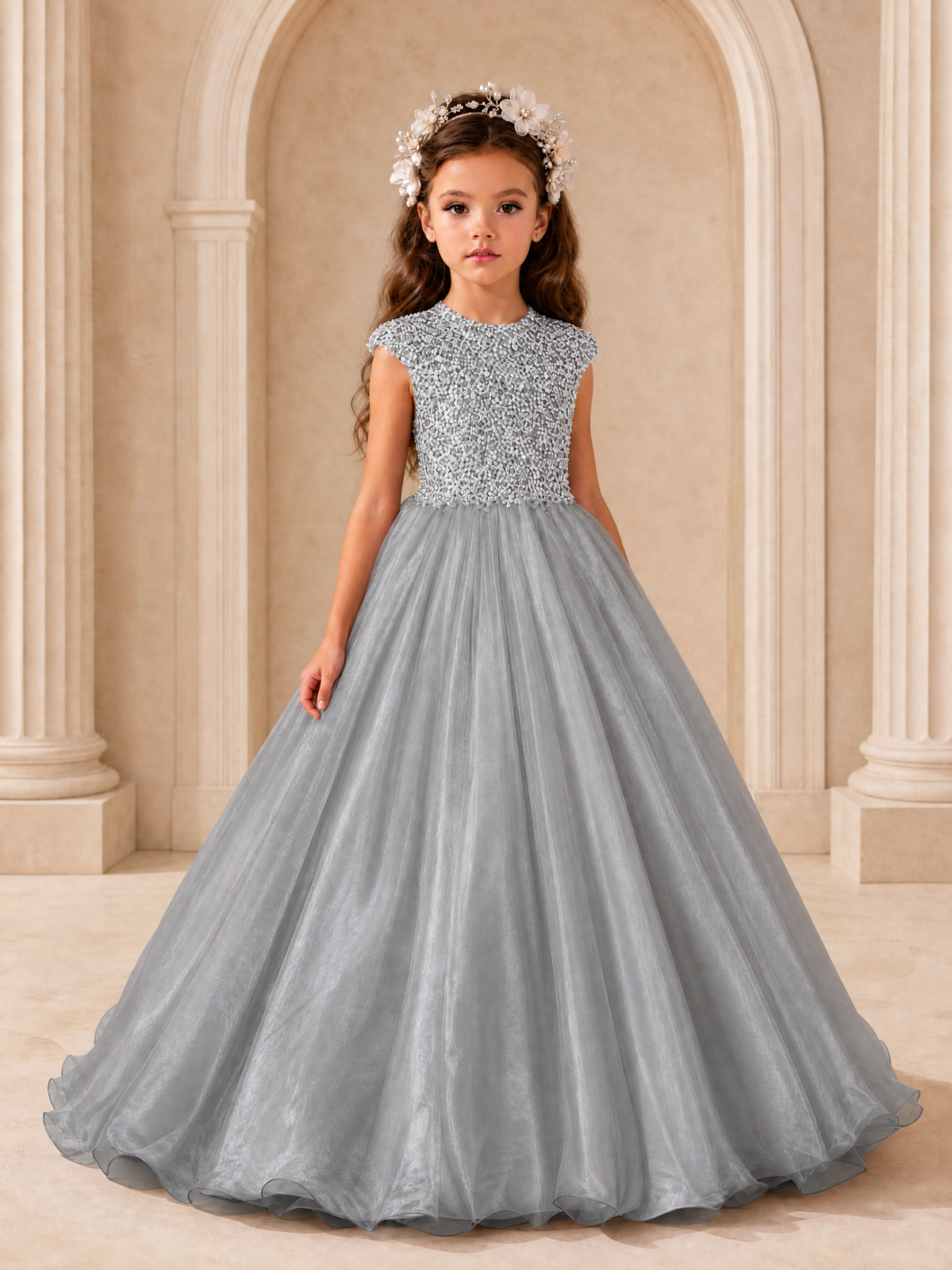 BOLODOO Grey Sequin Tulle Flower Girl Dress with Cap Sleeves - Grey - Grey_1