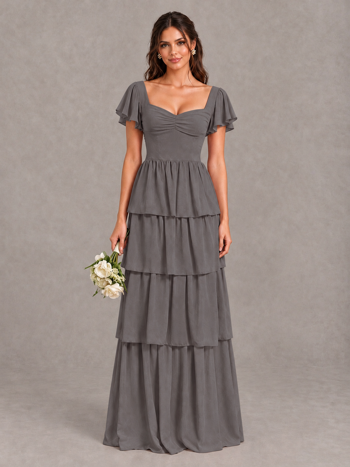BOLODOO Grey Flutter Sleeve Tiered Maxi Bridesmaid Dress - Grey - Grey_1