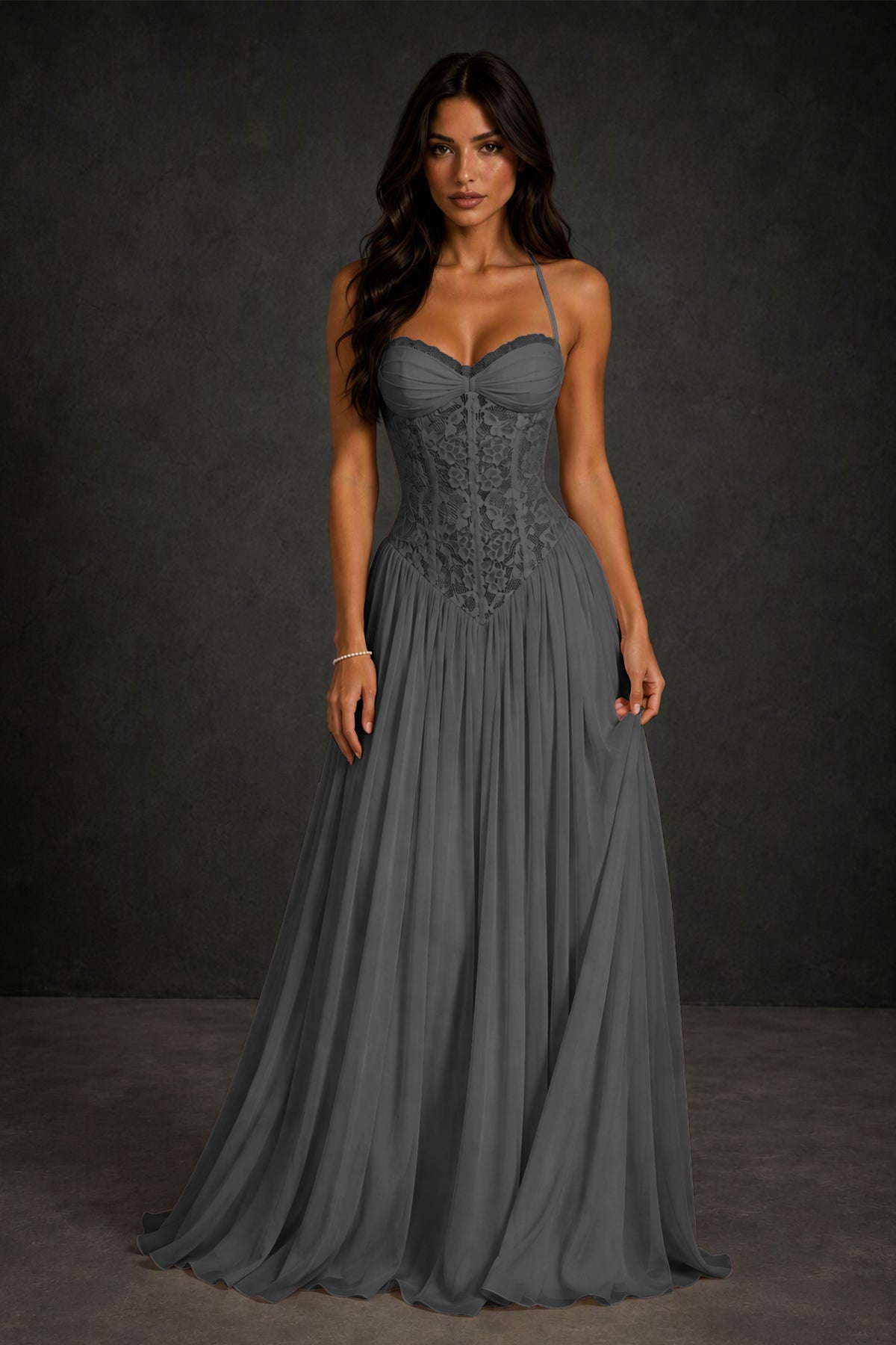BOLODOO Grey Lace Corset Halter Maxi Gown – Backless A-Line Formal Dress - Grey