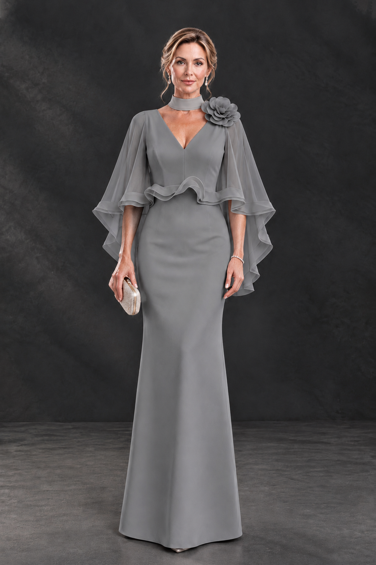 BOLODOO Grey Floral Cape Sleeve Mother of the Bride Dress - Grey - Grey_1