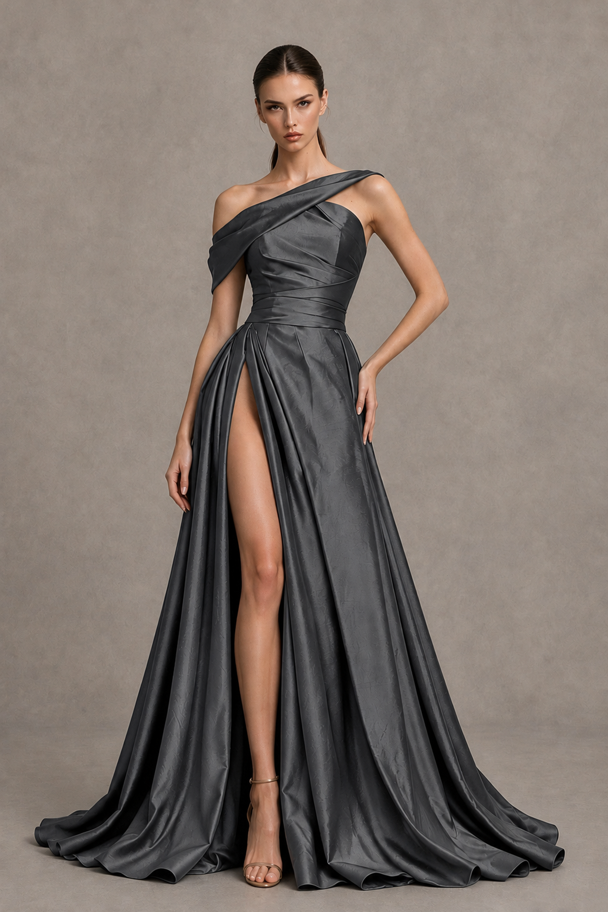 BOLODOO Grey Asymmetric Satin-Look A-Line Prom Dress with High Slit - Grey - Grey_1