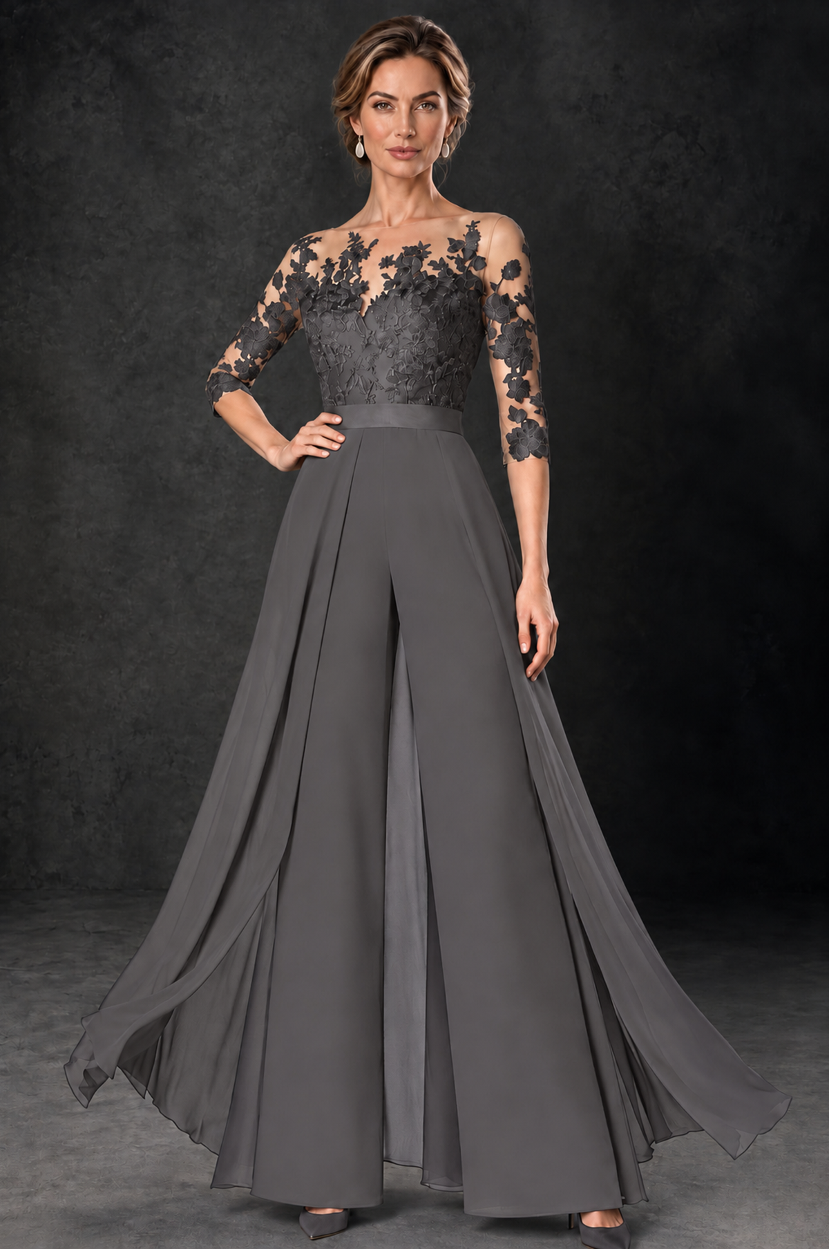 BOLODOO Grey Lace Wide-Leg Jumpsuit with Three-Quarter Sleeves - Grey - Grey_1