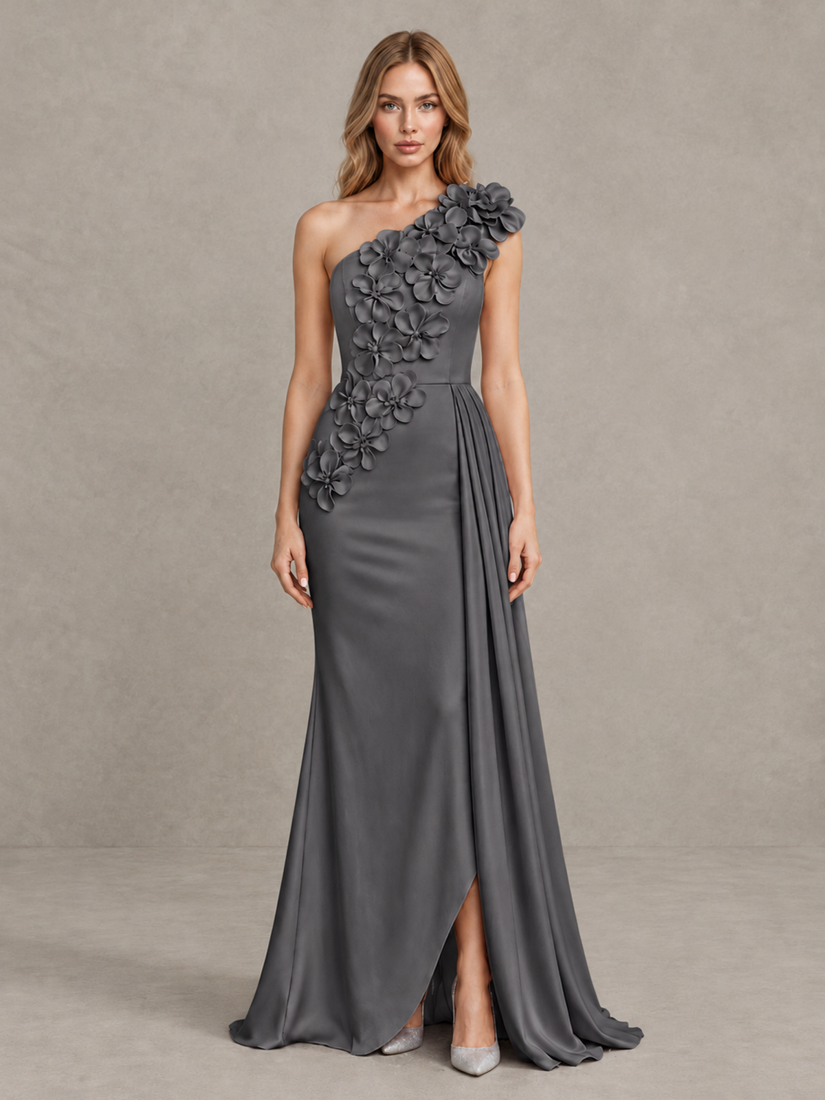 BOLODOO Grey One-Shoulder Satin Mermaid Evening Gown with 3D Floral Appliqué - Grey - Grey_1