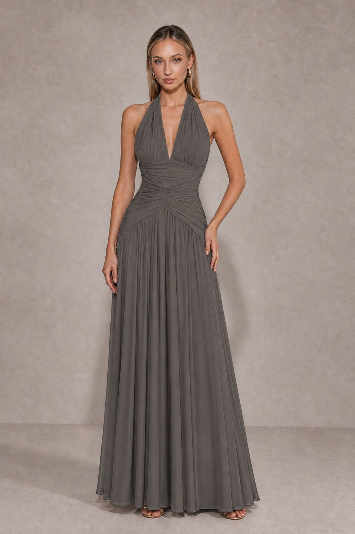 BOLODOO Grey Chiffon Halter Deep V-Neck Ruched A-Line Backless Maxi Dress with Train-BD0167 - Grey - Grey_1