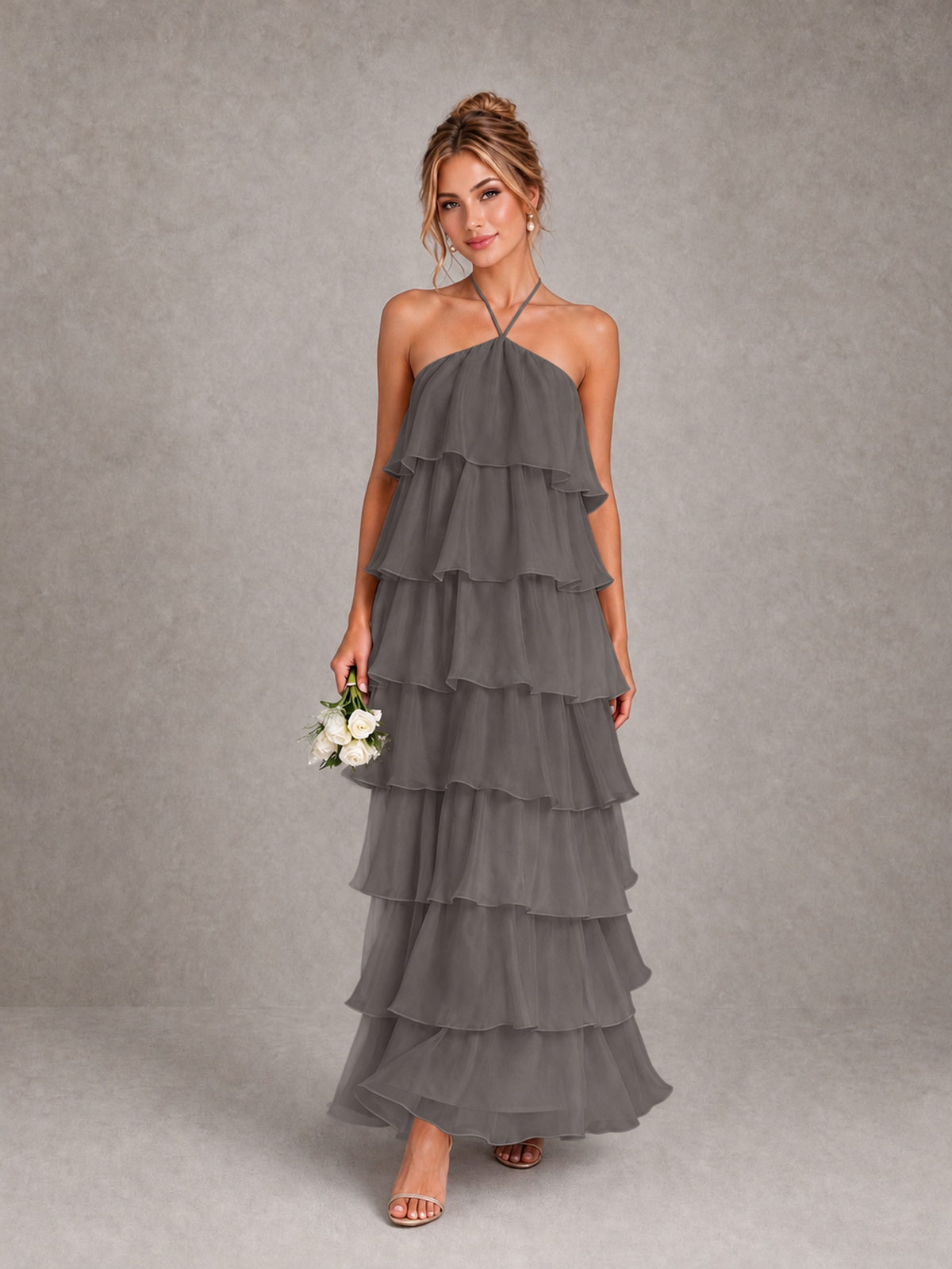 BOLODOO Grey Halter Tiered Ruffle Maxi Bridesmaid Dress - Grey - Grey_1