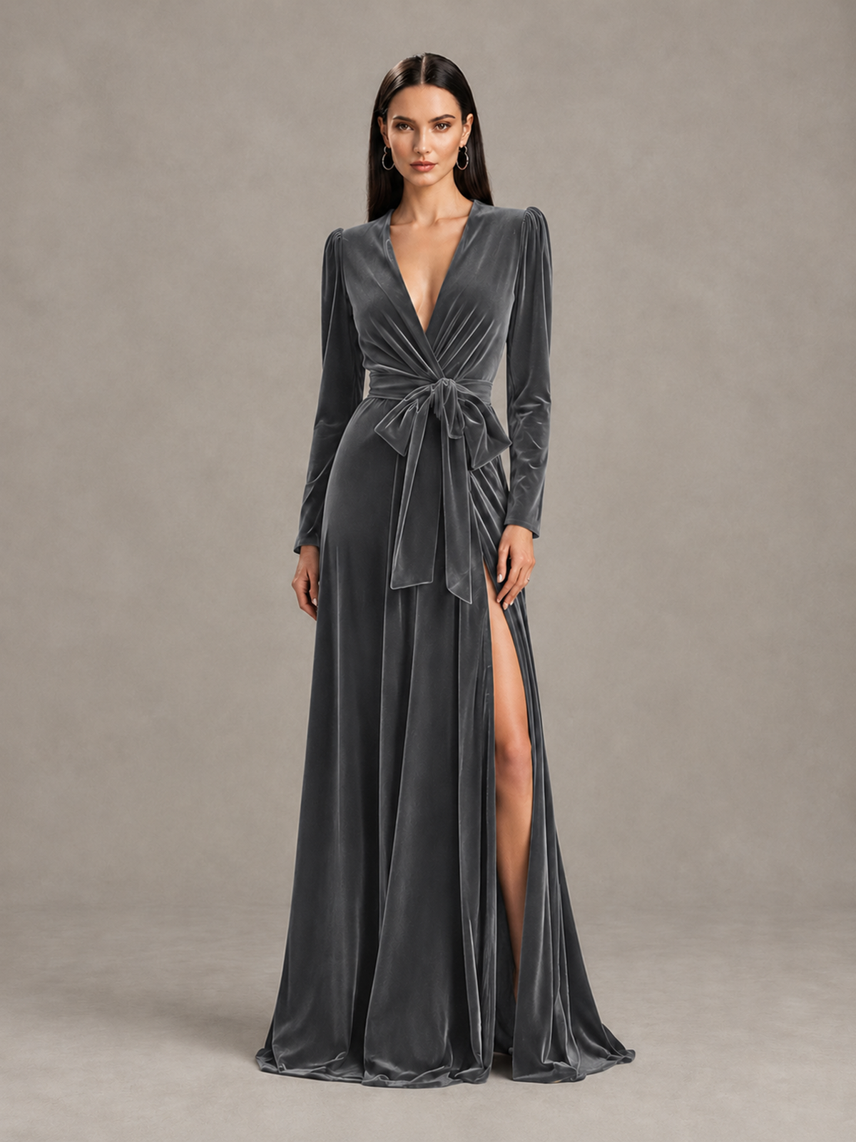 BOLODOO Grey Long Sleeve Velvet-Look Evening Dress with High Slit - Grey - Grey_1