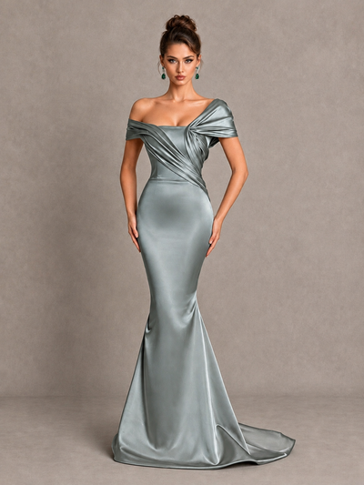 BOLODOO Grey Off-Shoulder Satin Mermaid Prom Dress - Grey - Grey_1