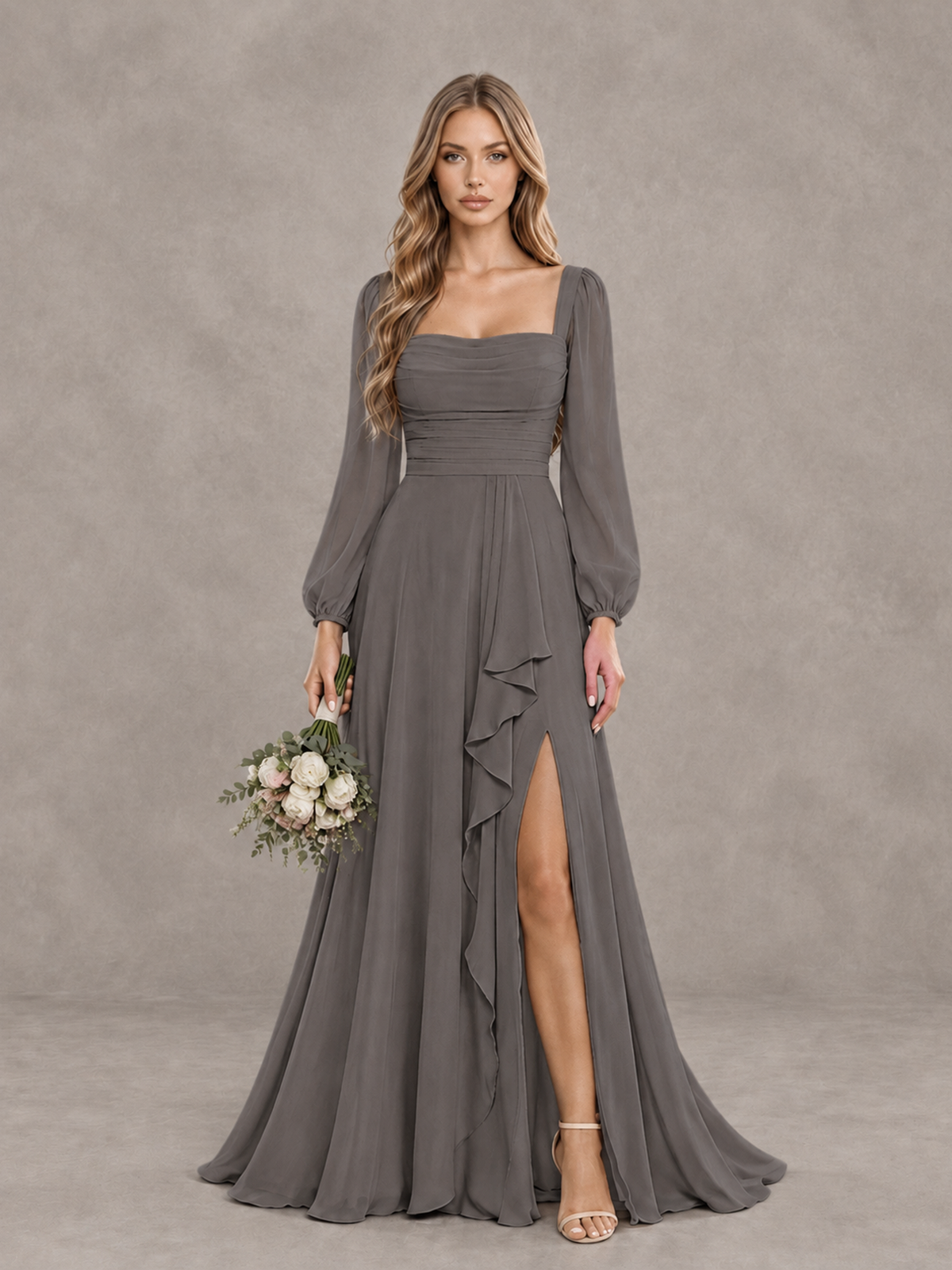 BOLODOO Grey Square Neck Long Sleeve Bridesmaid Dress with Ruffle Slit - Grey - Grey_1