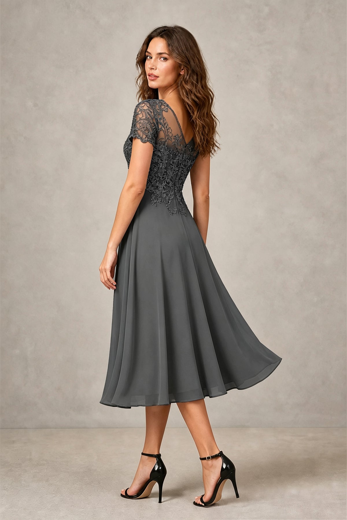 BOLODOO Steel Grey Beaded Lace Illusion Bodice Chiffon Tea-Length Dress | Mother of the Bride & Cocktail Party - Grey