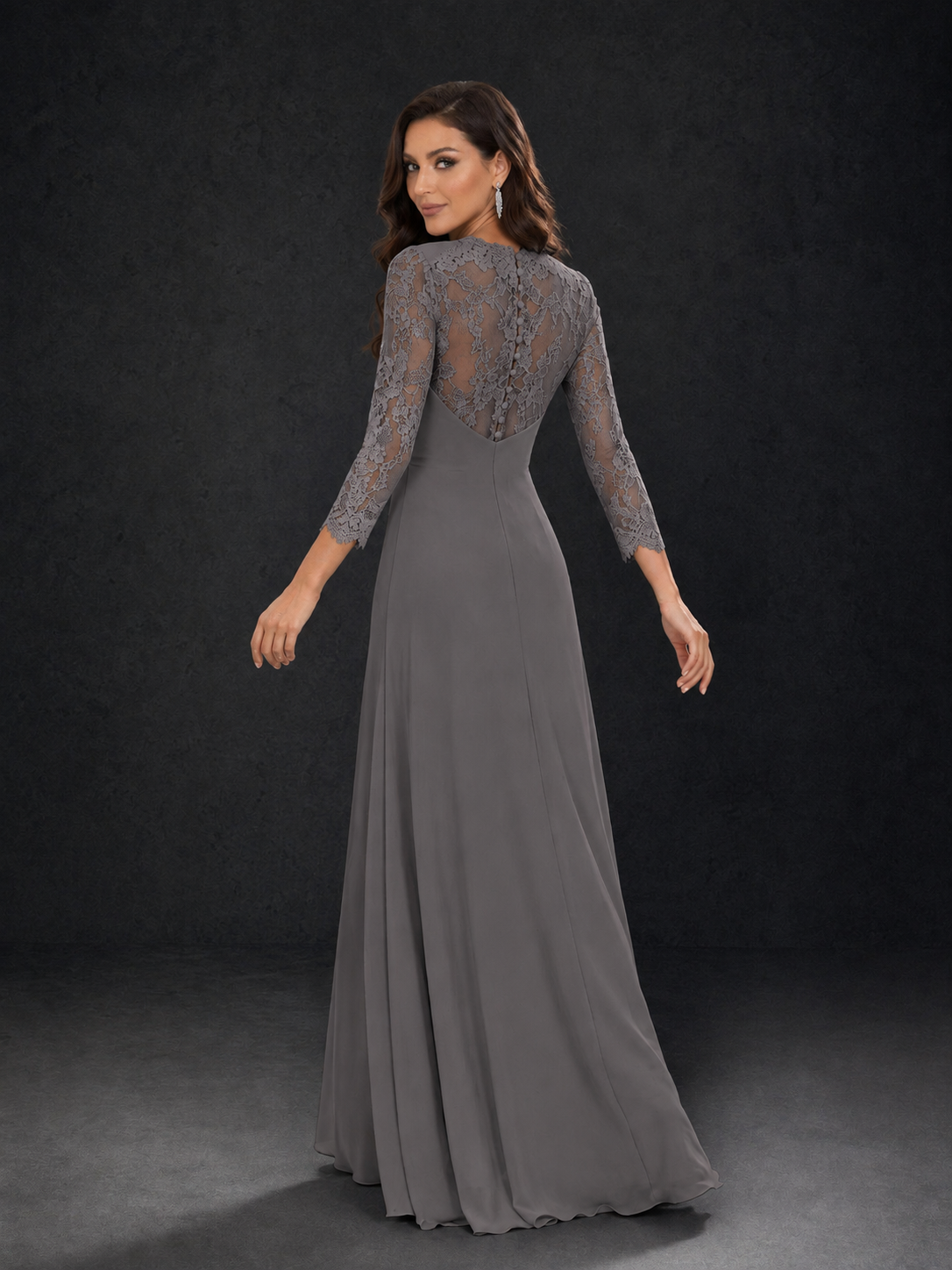BOLODOO Grey Lace Sleeve V-Neck Floral Waist Chiffon A-Line Maxi Dress - Grey