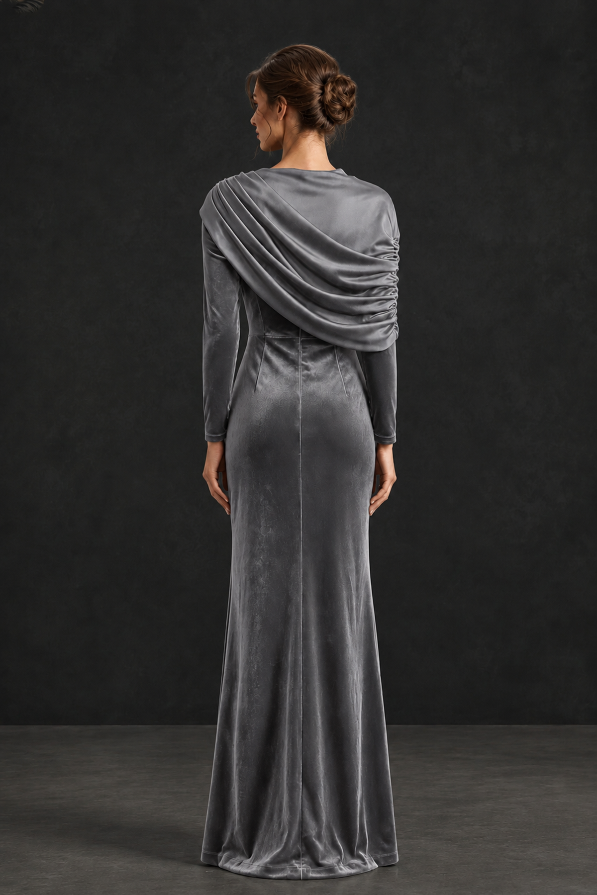 BOLODOO Grey Velvet Long Sleeve Draped Mother of the Bride Dress - Grey - Grey_2