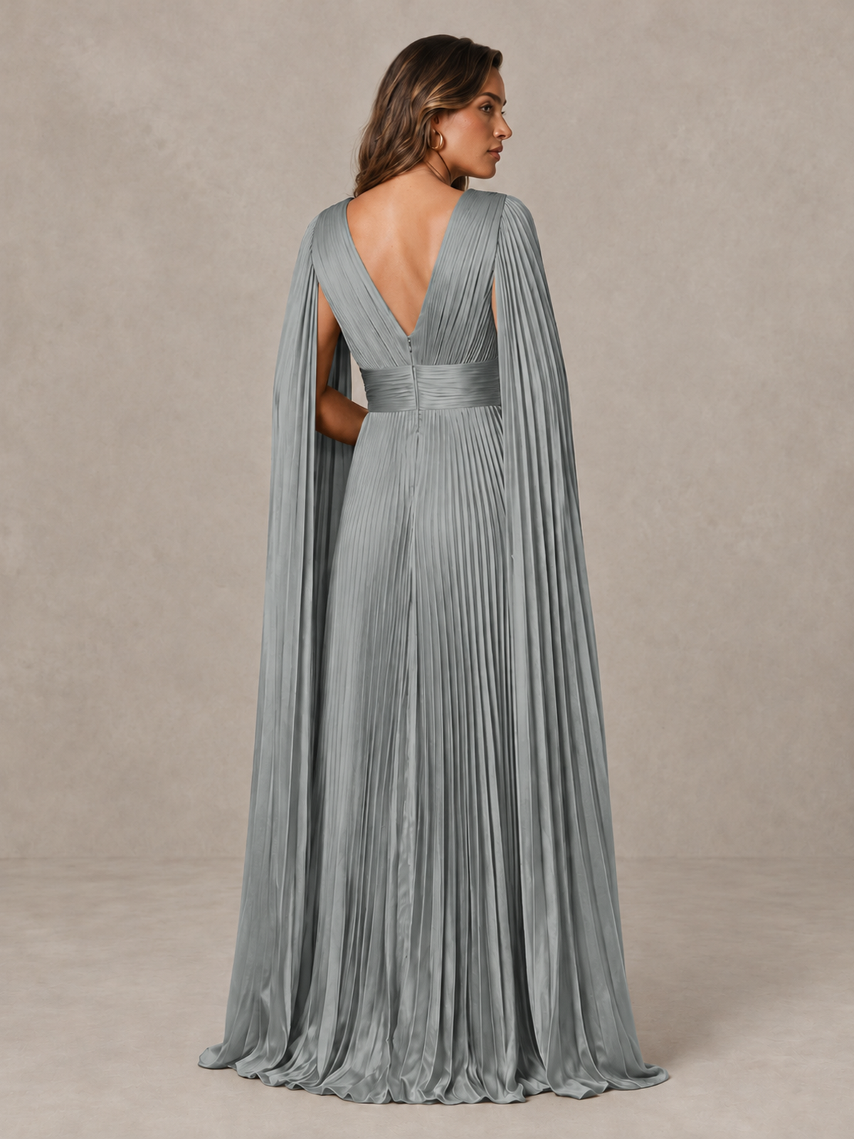 BOLODOO Grey Deep V-Neck Pleated Cape Sleeve Evening Gown - Grey - Grey_2