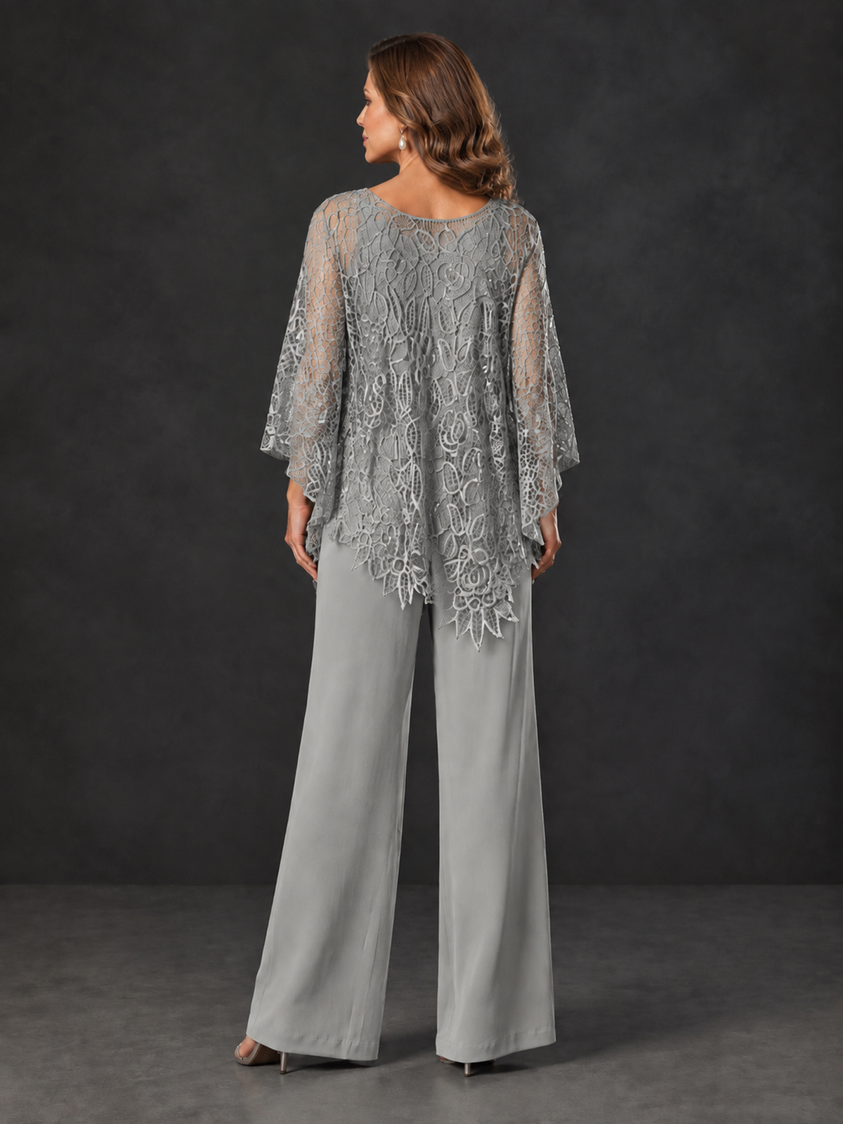 BOLODOO Grey Lace Overlay Wide-Leg Pantsuit for Mothers of the Bride - Grey