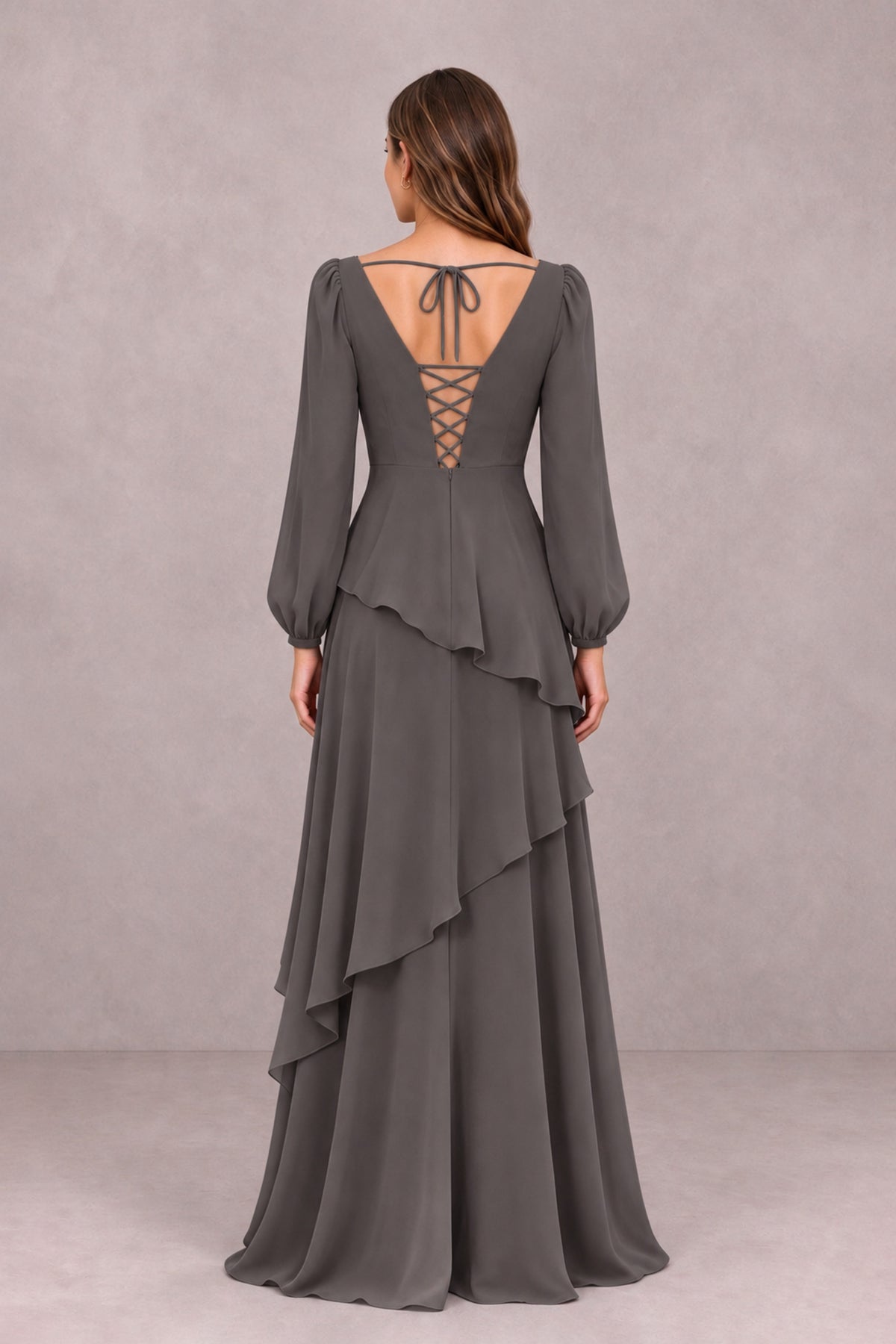 BOLODOO Grey Long Sleeve Ruffle Bridesmaid Dresses - Grey - Grey_2