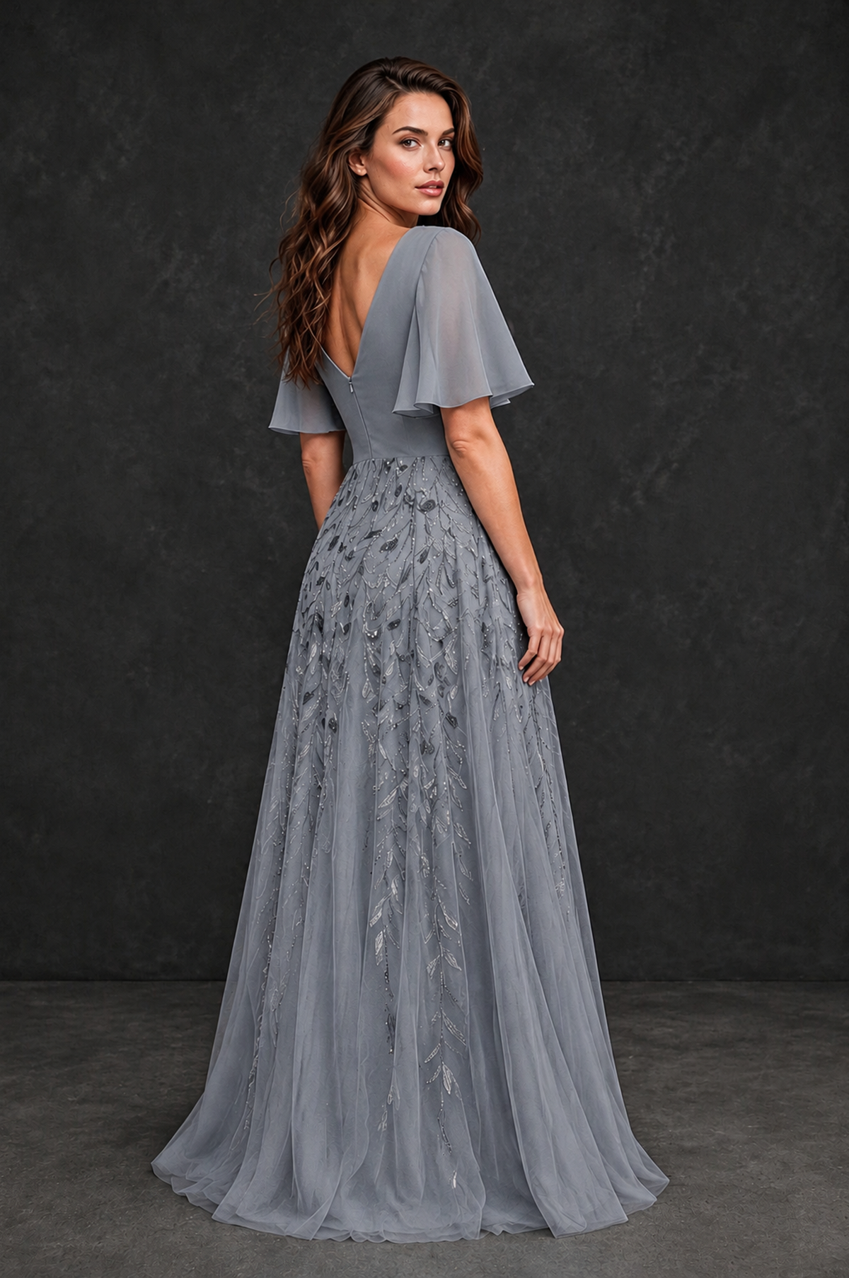 BOLODOO Grey V-Neck Flutter Sleeve Beaded Botanical Tulle A-Line Gown | Mother of the Bride Evening Dress - Grey - Grey_2