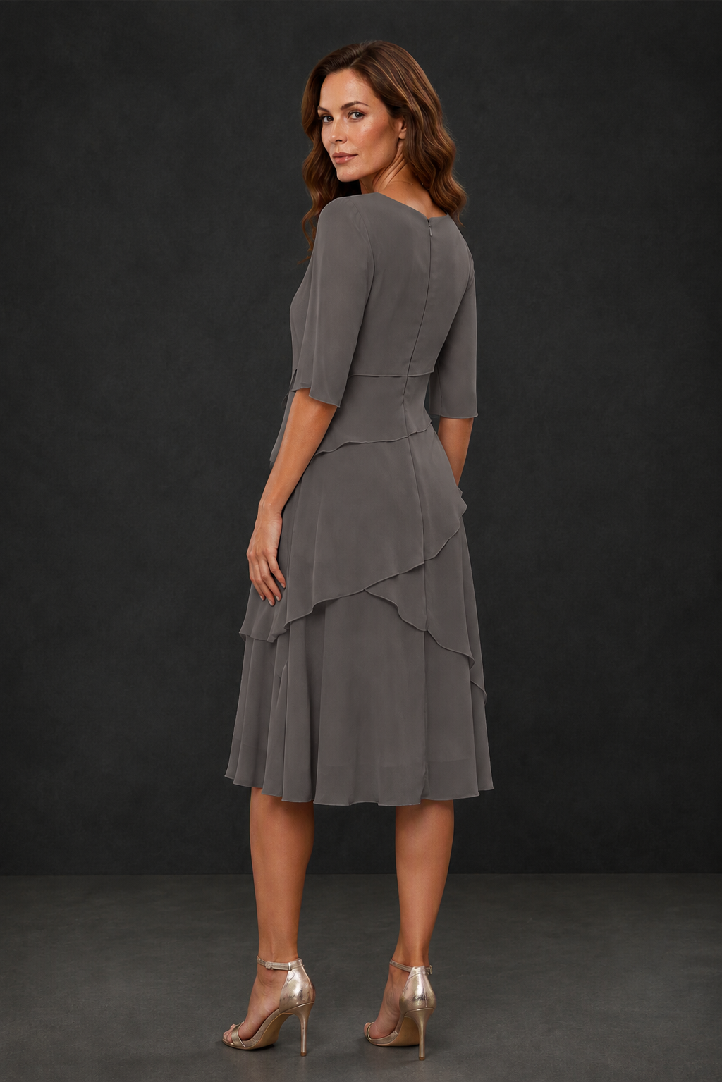BOLODOO Grey Chiffon 3/4 Sleeve Asymmetric Tiered Tea Length Dress | Mother of the Bride Midi Dress - Grey