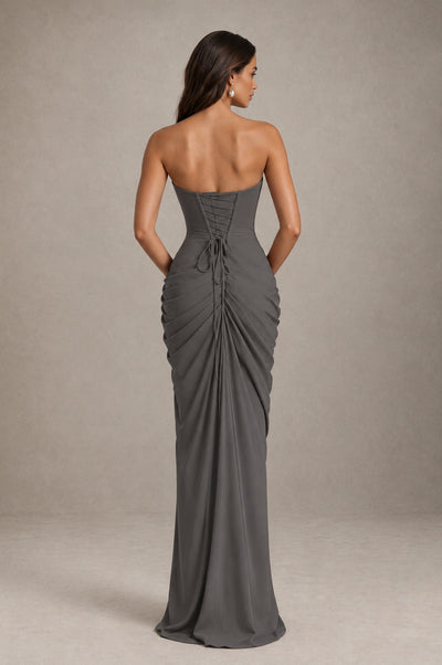 BOLODOO Strapless Draped Maxi Dress - Grey Backless Evening Gown with High Slit - Grey - Grey_2