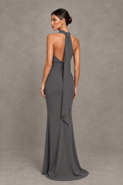 BOLODOO Grey Chiffon Halter Maxi Formal Wedding Guest Dress - Grey - Grey_2