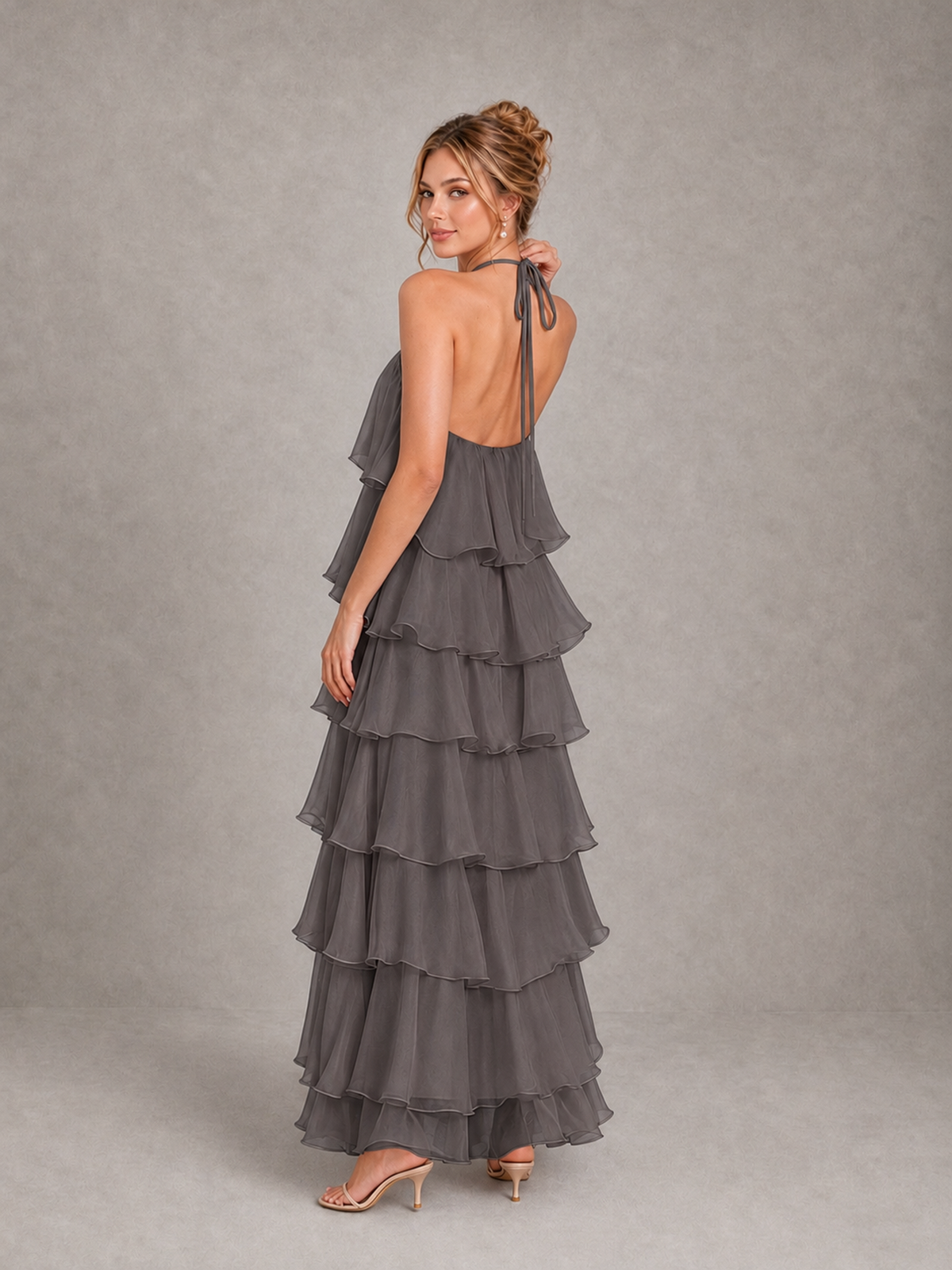 BOLODOO Grey Halter Tiered Ruffle Maxi Bridesmaid Dress - Grey - Grey_2